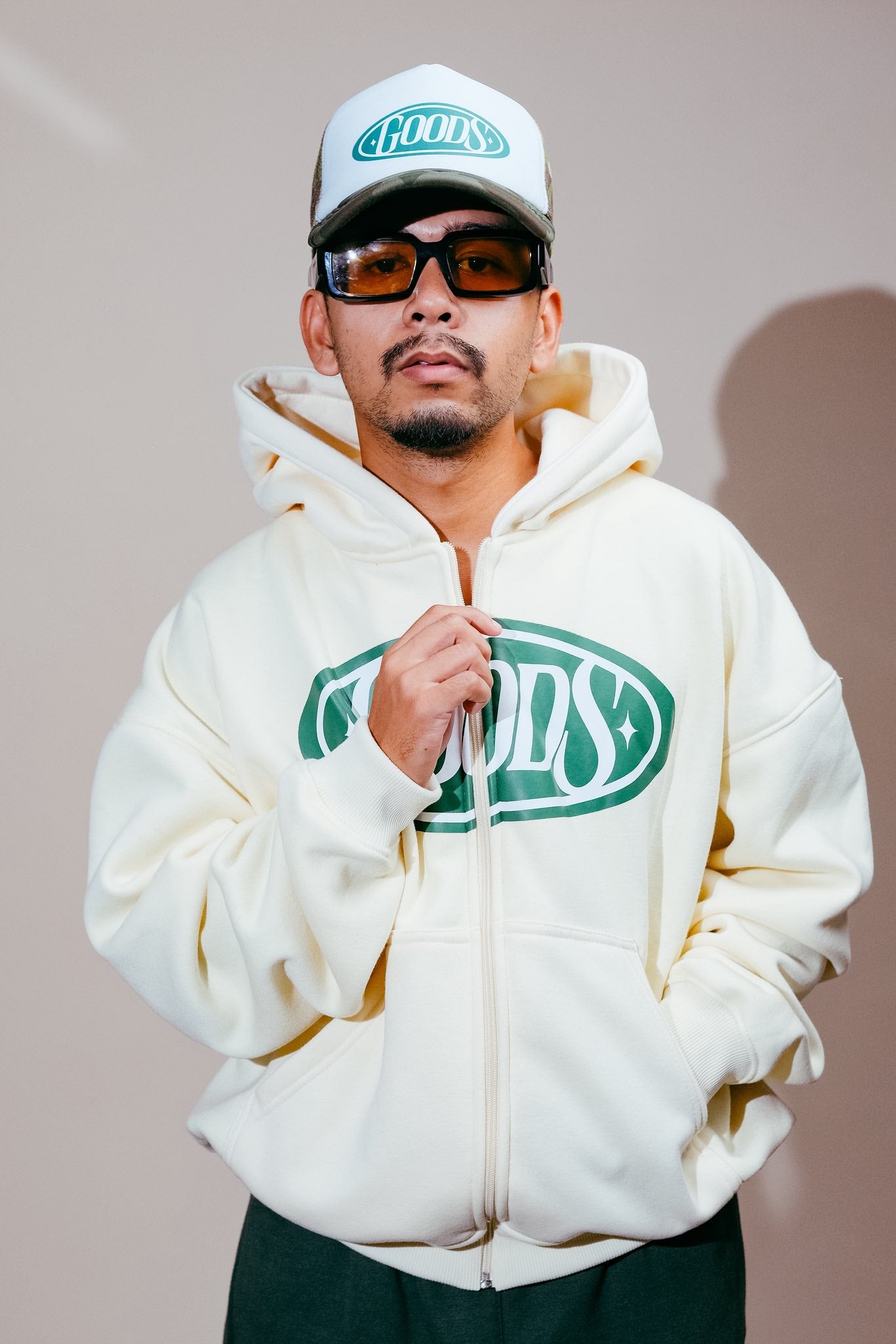 Badge Cream Zip Up Hoodie